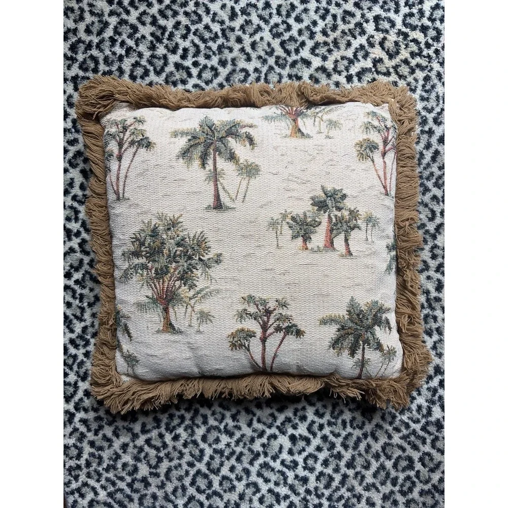Palm Tree Tapestry Throw Pillow 17x17 Fringe Trim Tropical Coastal Boho Deco VTG
